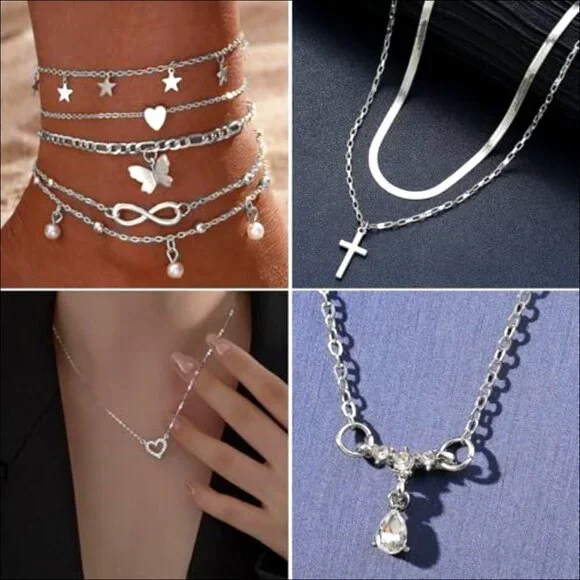 Silver Plated Jewelry Set with Adjustable Necklaces Bracelets Earrings Rings - Picture 2 of 7